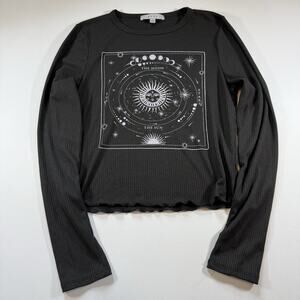 Gaze Boho Sun Moon Graphic Ribbed Cropped Stretch Long Sleeve Top Black Wms XS